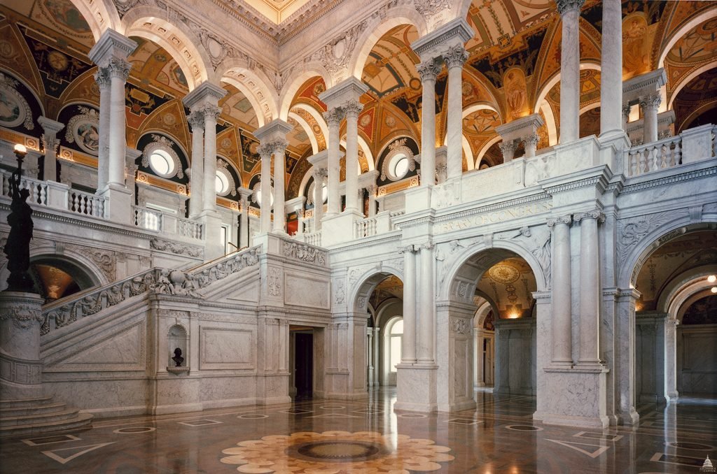The ornate Great Hall of the Library of Congress in Washington DC, free to visit with a timed ticket